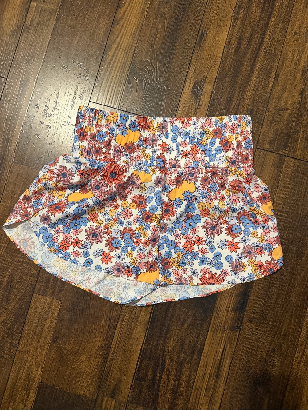 TCEC White Floral High-Waist Athletic Shorts with Blue, Red & Yellow Flowers